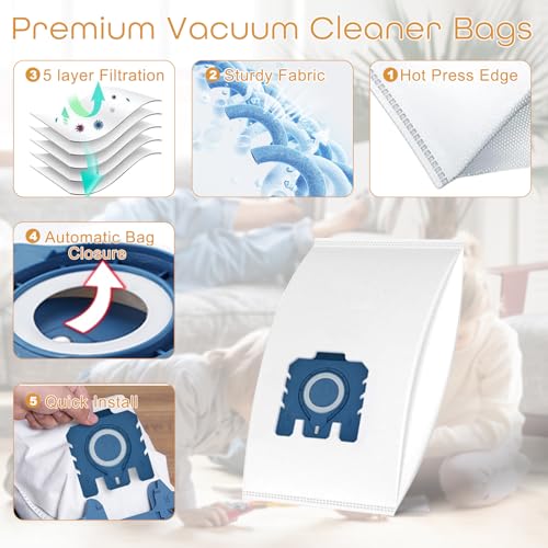 10 Replacement vacuum cleaner bags compatible with Miele vacuum cleaners GN series, Classic C1, Complete C2, Complete C3, S2, S4, S5, S6, S8 series. Includes 3 motor protection filters and 3 exhaust filters.