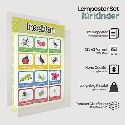 LIKARTO® 12 educational Montessori learning posters A3 - Extra thick paper and double laminated - Basics 2, elementary school learning posters, children's learning aid