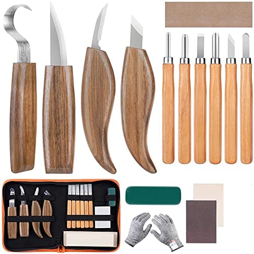 Mumisuto 15-piece wood carving knife set with 4 large wood carving knives & 6 detail knives & cut-resistant gloves, Carving DIY carving tool for beginners/professionals.