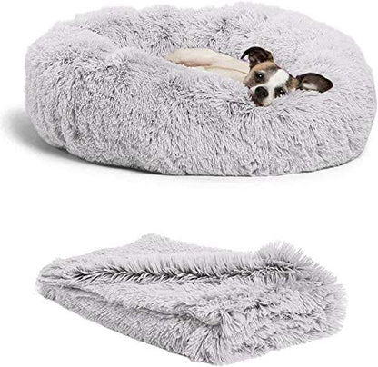 Wuudi bed for cat, dog cushion fluffy cat bed set with blanket, round cat bed plush dog bed 2 pieces soft warm pet bed + pet blanket for cats and small (light gray)
