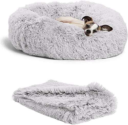 Wuudi bed for cat, dog cushion fluffy cat bed set with blanket, round cat bed plush dog bed 2 pieces soft warm pet bed + pet blanket for cats and small (light gray)