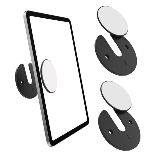 MoKo Tablet Wall Mount, 2 Pack 90° Rotatable iPad Wall Mount, Round Phone Kitchen Wall Mount with Adhesive & Screw, Adjustable Tablet Holder Wall Mount Compatible with Phone Tablet Kindle WiFi, Black