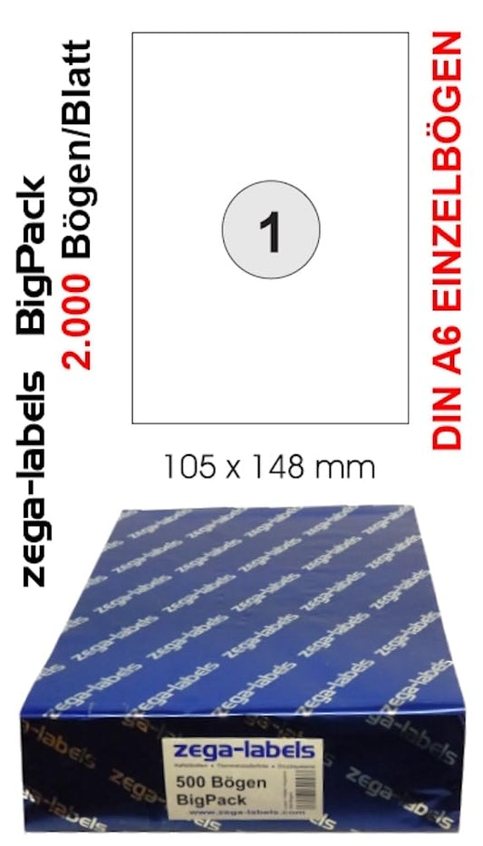 2,000 sheets of 105 x 148 mm self-adhesive labels = DIN A6 sheets (1 label per DIN A6 sheet) - Universal for laser/inkjet/copier use - individually addressable labels 148 x 105 mm