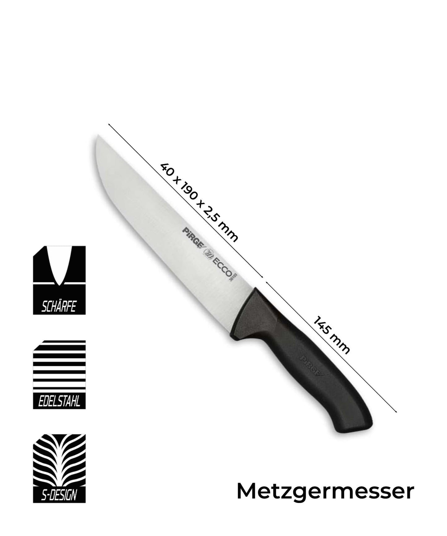 Pirge Ecco Butcher Knife 19 cm Black Slaughtering Knife - Meat Knife - Boning Knife - Excellent Sharpness Butcher Knife - Stainless Steel Professional Kitchen Knife - Ergonomic Plastic Handle Design