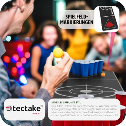 tectake® Beer Pong Table, includes 100 cups (50 red & 50 blue) and 6 balls, adjustable height, foldable table with carry handles, adult party games, drinking game