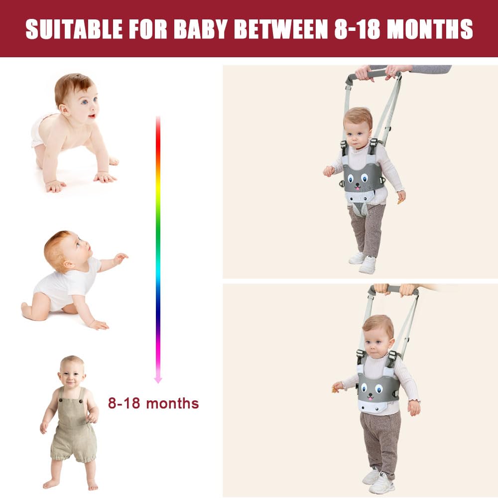 Vicloon Baby Walking Helper Walking Aid for Baby, Adjustable with Safety Buckle and Magic Stickers, Breathable Standing Walking Learning Helper Walker (Puppy - gray)