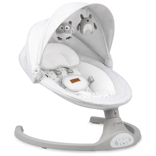 MoMi KENANI baby bouncer for children up to 9 kg, foldable, with remote control & Bluetooth to connect to smartphone, battery or power supply, with 5-point safety harness, sunshade, insect net