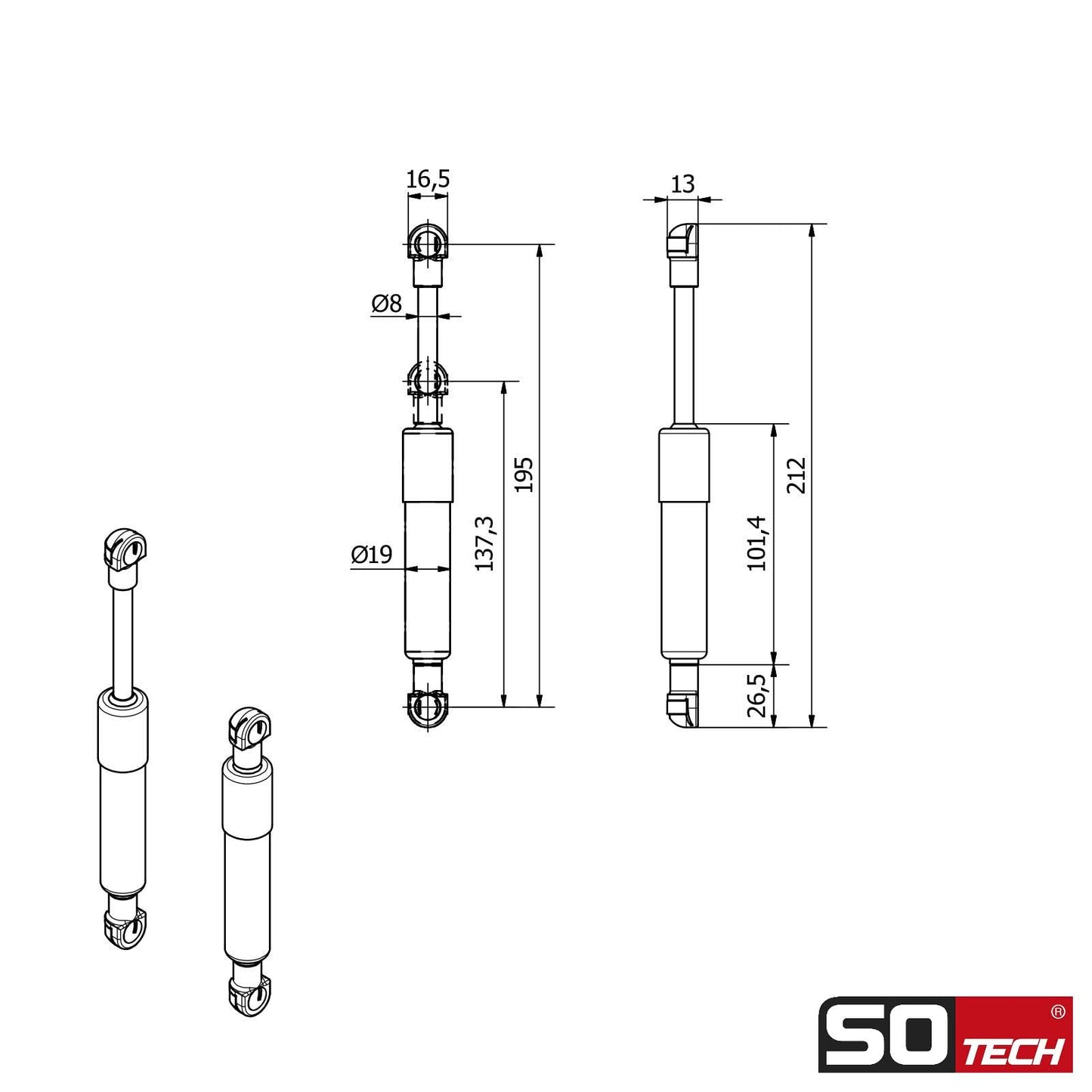 2 gas pressure dampers 250 N compression springs replacement part for KESSEBÖHMER Lift-o-Mat by SOTECH