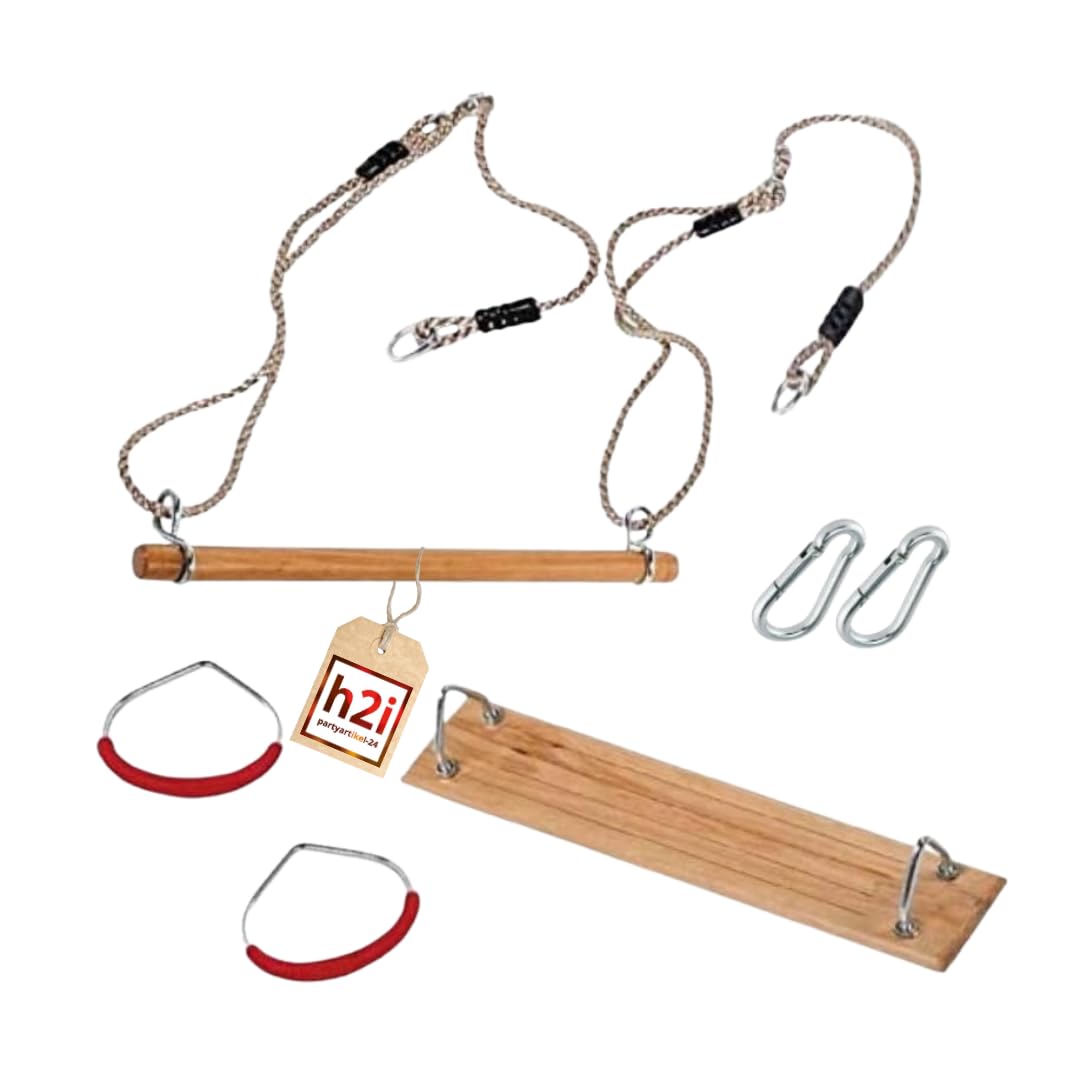 h2i set with swing board, gymnastic rings & trapeze swing | wooden trapeze bar with ropes & carabiner hooks | kids swing for outdoor & indoor use | gymnastics equipment for children