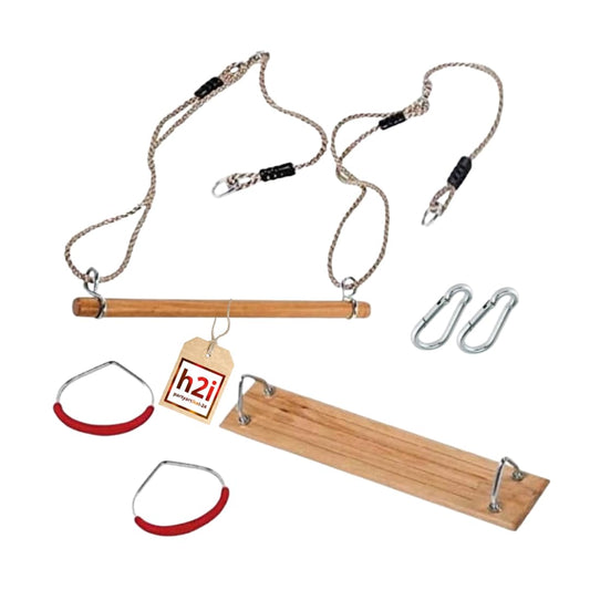 h2i set with swing board, gymnastic rings & trapeze swing | wooden trapeze bar with ropes & carabiner hooks | kids swing for outdoor & indoor use | gymnastics equipment for children