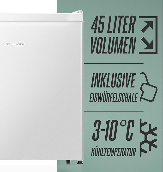 HEINRICHS Beverage Cooler 45L small compact quiet: 39db with cooling compartment Mini Bar; Table Fridge; Mini Fridge with separate cooling compartment; perfect for office camping garden outdoor (White)