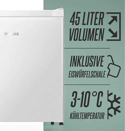 HEINRICHS Beverage Cooler 45L small compact quiet: 39db with cooling compartment Mini Bar; Table Fridge; Mini Fridge with separate cooling compartment; perfect for office camping garden outdoor (White)
