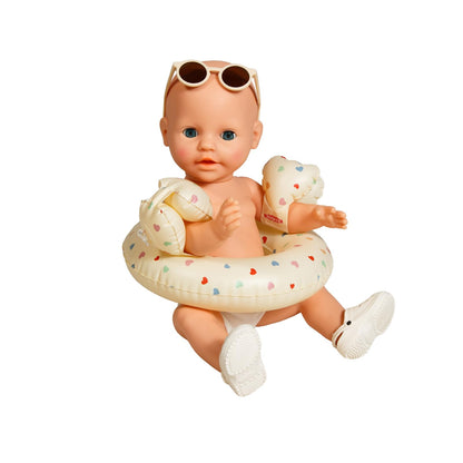 Heless 50550 - Doll swimming set in beige heart confetti, with swim ring, armbands, clogs and sunglasses, for dolls and stuffed animals sized 35-45 cm.
