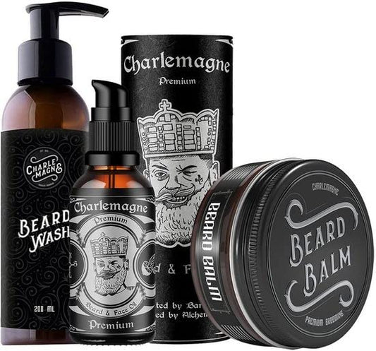 Charlemagne Beard Care Set - Includes beard oil, beard shampoo, beard balm & beard wax - Barber grooming gift for men - Beard care set for men - Beard Growth Kit