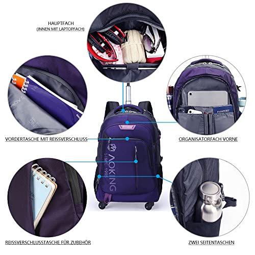 HSYKING Aoking 20/22 inch water-repellent roller laptop backpack with wheels. Backpack for school, college students, and commuting travelers. Carry-on luggage with spinner wheels. Travel luggage business backpack.