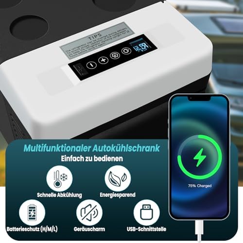 WANNYTON Compressor Cooler 18 liters, electric cooler 12V 240V, camping fridge with memory function, with USB connection drink holders, portable freezer for car home