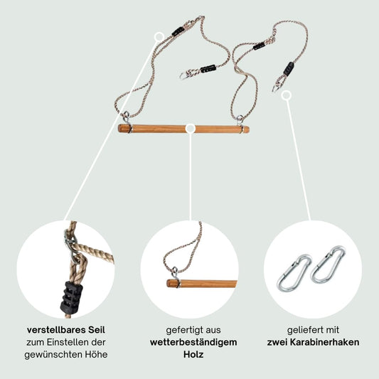 h2i set with swing board, gymnastic rings & trapeze swing | wooden trapeze bar with ropes & carabiner hooks | kids swing for outdoor & indoor use | gymnastics equipment for children