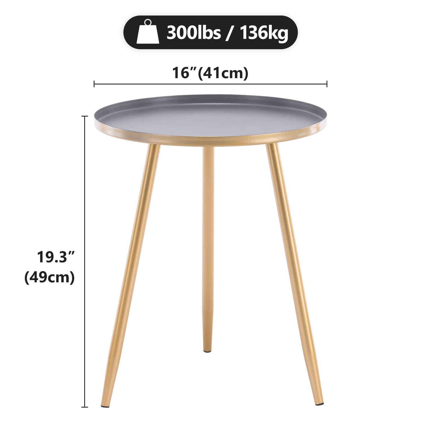 YOUDENOVA Side Table Metal Living Room Table Gold Round Coffee Table Small End Table Modern Decorative Table Steel Pipe Tripod Ø 40.5 cm x 50 cm