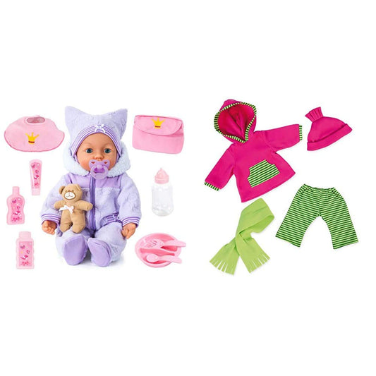 Bayer Design 94694AA, interactive doll Piccolina Magic Eyes, purple, 46cm & doll clothes for 40-46cm dolls, pants, top, hat, scarf, doll accessories, pink, green.