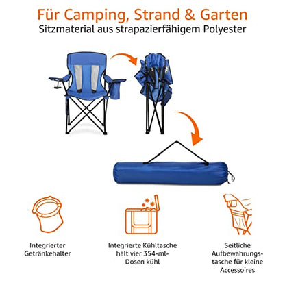 Amazon Basics camping chair with cooler, regular, mesh, blue.