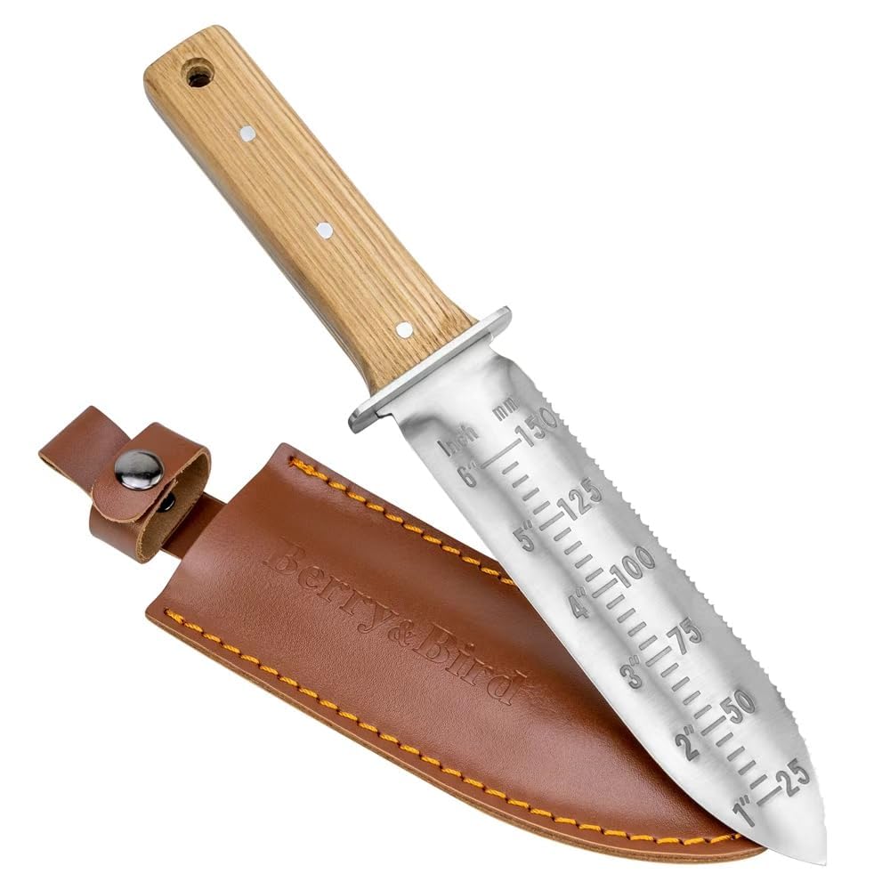 Berry & Bird Hori-Hori Garden Knife, Ground Shovel Barebones 7" serrated blade pruner for removing weed roots gardening digging tool.