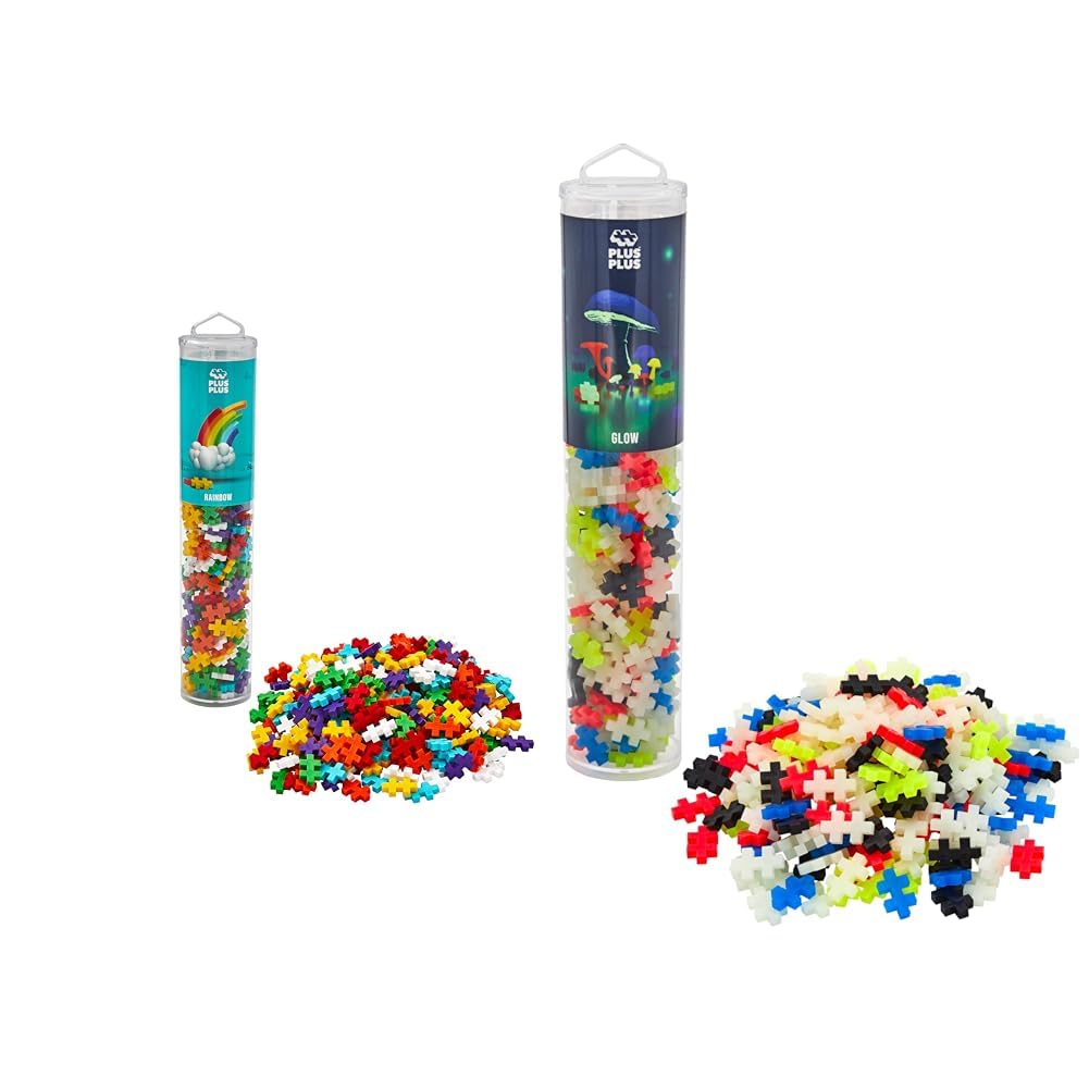 Plus-Plus 9604262 Awesome construction toy, Rainbow & 9604283, Awesome construction toy, Glow in the Dark, Creative Building Blocks Tube, 240 Pieces