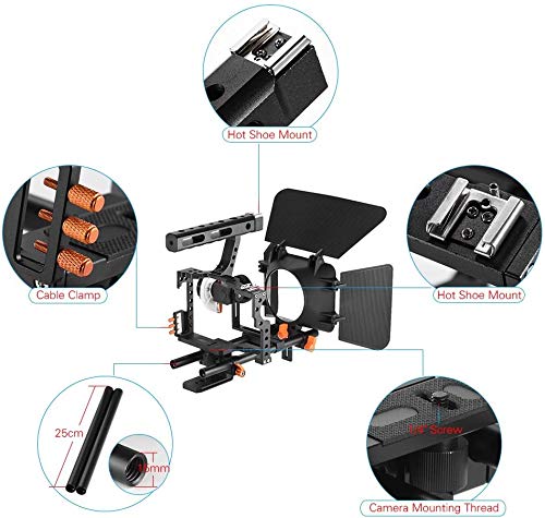 Andoer C500 Camera Rig Aluminum Alloy Kit with Camera Cage, Matte Box, Follow Focus, Hand Grip, 15mm Rod for Panasonic GH4. Camera recorder video cage rig installation set for film.
