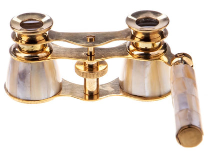 Opera glass with wooden box, theater binoculars, brass and mother-of-pearl antique, lup147 Palazzo Exclusive.