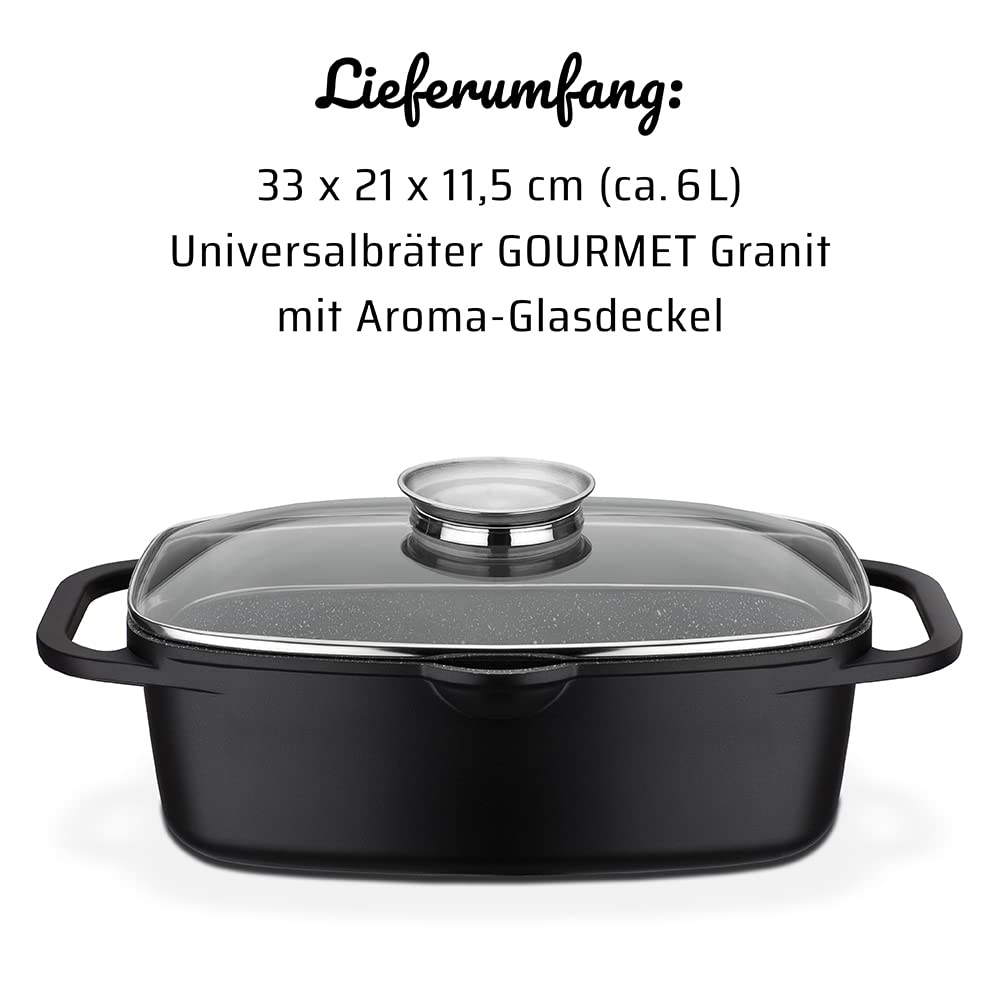 GSW universal roaster gourmet granite - high-quality roaster with lid, perfect for stewing, grilling, and roasting, suitable for induction and oven use - black, cast aluminum, 6 liters.