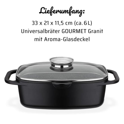 GSW universal roaster gourmet granite - high-quality roaster with lid, perfect for stewing, grilling, and roasting, suitable for induction and oven use - black, cast aluminum, 6 liters.