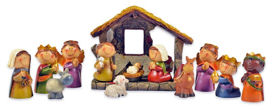 Text 1: Grooved Maker Children Nativity Set with Stable 12-Piece 78356-2.5-9cm - Polyresin Christmas Nativity Jesus Birth Christmas Miracle Christmas Eve Christmas Decoration