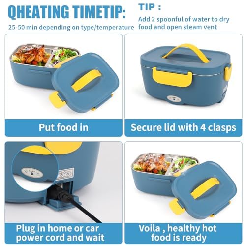 Electric lunch box food warmer for car 3 in 1 (12V/24V/220V) 1.5L with fork spoon 80W detachable stainless steel heating electric lunch box portable food container for truck household camping