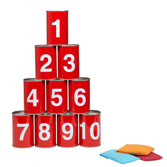 Idena 40189 - Game set can throwing with 10 numbered metal cans and 3 sandbags, tossing and skill game for birthday parties, in the garden or park.