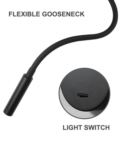 DAWALIGHT Swan Neck Lamp 2 Pack, 3W LED 3000K Warm White Wall Lamp Reading Lamp Wall Mount with Switch Bed Reading Light Wall Mount pure Bedroom, Aluminum, Black