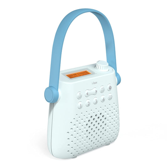 Portable DAB radio, DAB Plus/FM radio, shower speaker, water-resistant, battery-operated IPX5 radio, shower radio, USB Type-C charging with up to 15 hours of playback time.