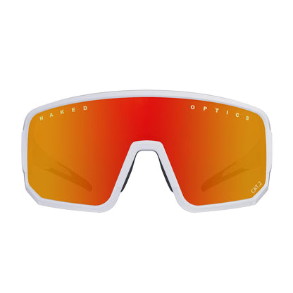 NAKED Optics VOLT sports sunglasses for men and women. UV400 protection, quick lenses, for cycling, running, and racing. Interchangeable lenses included. Color: White (Red lens).