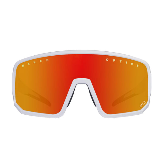 NAKED Optics VOLT sports sunglasses for men and women. UV400 protection, quick lenses, for cycling, running, and racing. Interchangeable lenses included. Color: White (Red lens).