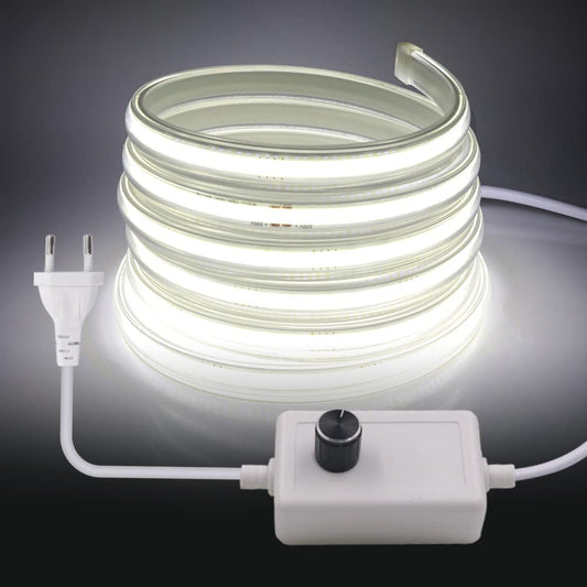 KISUFU 220V Dimmable COB LED Strip 6m, 360 LEDs/m Warm White 3000K LED Strip CRI≥90, Waterproof High Density Flexible Super Bright COB LED Light Strip for Bedroom, Kitchen, DIY Interior Decoration.