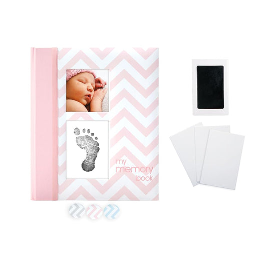 Pearhead First 5 Years Chevron Baby Memory Book with Clean-Touch Baby Safe Ink Pad for Baby Handprint or Footprint, Baby Girl Keepsake Book, Imprint Kit Included, Pink, US English Version