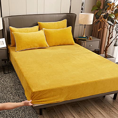 Damier Plush Fitted Sheet 200x200cm Gold Yellow Fluffy Bed Sheet Winter Warm Cashmere Touch Fitted Sheet Suitable for 30cm Mattress