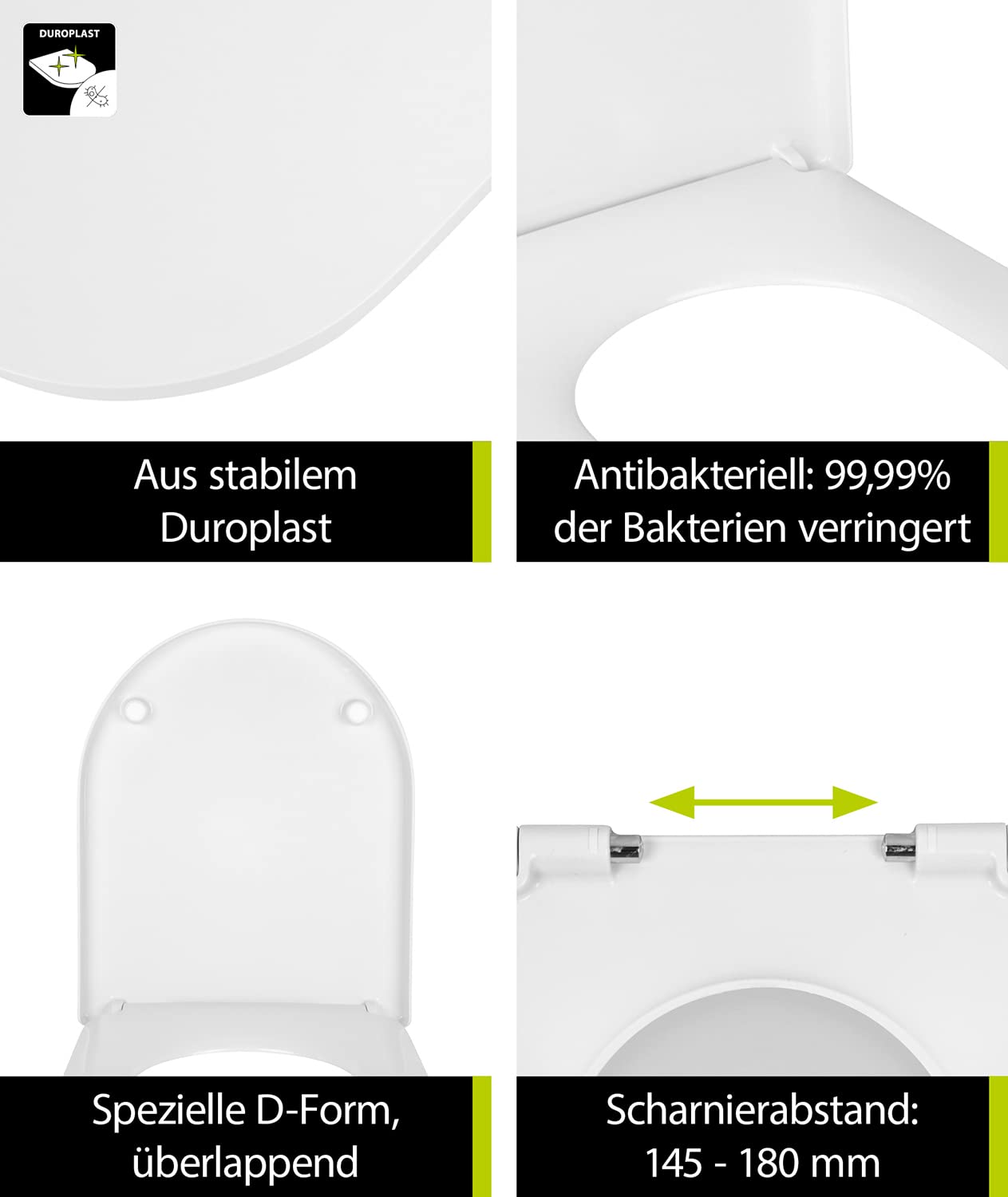 aquaSu® toilet seat with automatic closing mechanism Cubeno in D-shape, white, antibacterial Duroplast toilet seat removable, toilet seat with stainless steel hinges, toilet lid sandwich shape overlapping, 40330 6