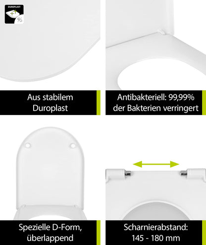 aquaSu® toilet seat with automatic closing mechanism Cubeno in D-shape, white, antibacterial Duroplast toilet seat removable, toilet seat with stainless steel hinges, toilet lid sandwich shape overlapping, 40330 6