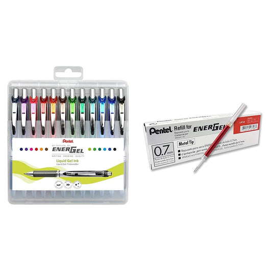 Pentel BL77-12 EnerGel Gel Ink Rollerball Pen with 0.7mm ball diameter = 0.35mm line width, 12 pack & LR7-BX refill for EnerGel pens 0.7mm ballpoint, red, 12 pack