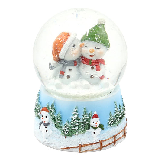 Snow globe snow children with hats on elaborately decorated base, dimensions 6.5 x 6.5 x 9 cm ball diameter 6.5 cm.