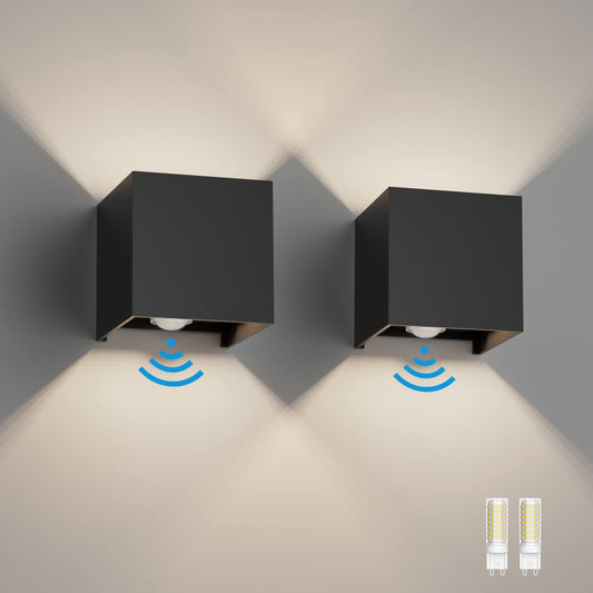 Klighten 2 pieces LED wall light with motion sensor Indoor/Outdoor 4500K Outdoor wall light with motion sensor wall lamp Adjustable beam angle, with replaceable G9 LED bulb (Black)