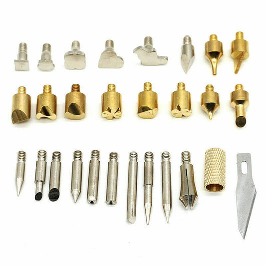 28-piece 60W wood burning pen branding iron pyrography stencil engraving set.