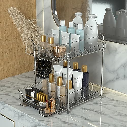 DEKAVA Under Desk Organizer, 2 Pieces, Bathroom Cabinet Organizer, 2 Layers, Sliding Door Basket, Drawer, Multi-purpose Bathroom Storage Baskets for Bathroom (Transparent)