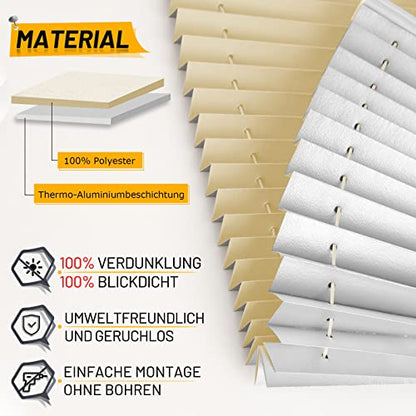 BelleMax pleated blind without drilling, thermal pleated roller blind with clamp fixation, light beige 45x140cm (WxH), blackout pleated blind 100% lightproof for windows, opaque privacy sun protection