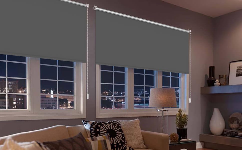 Blackout roller blind without drilling, for windows 47" x 78" (fabric width 45") in dark gray. Thermal roller blind with clamp fixing, side pull roller blind for privacy and sun protection. Wall mountable.