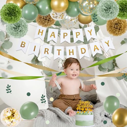 EASY JOY Sage green party decorations, Golden Happy Birthday banner, sage green and gold balloons, tissue paper pompons, olive green confetti dots decor, Neutral birthday party accessories.